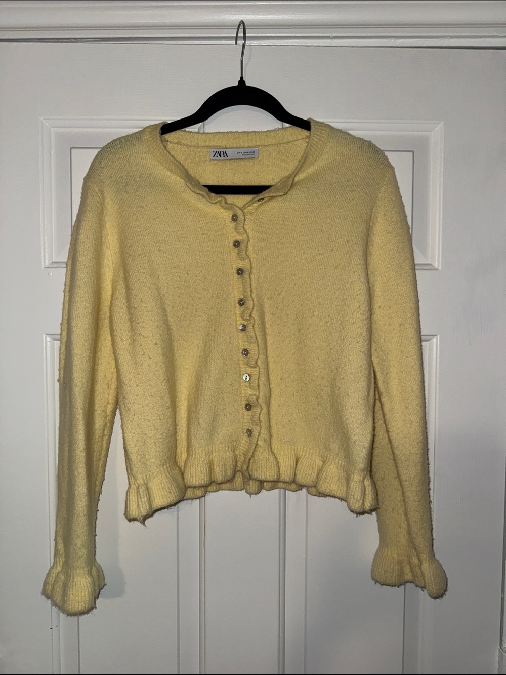 Zara Soft Pale Yellow Ruffle-Trim Button Cardigan